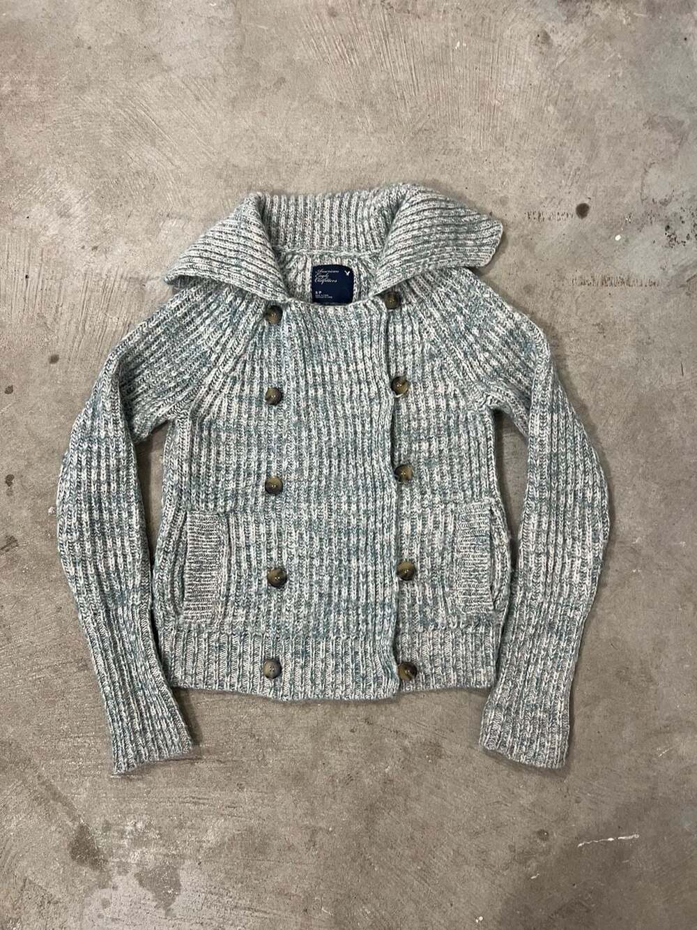 Vintage y2k american eagle Women's Chunky Knit Double Breasted Shawl Sweater S